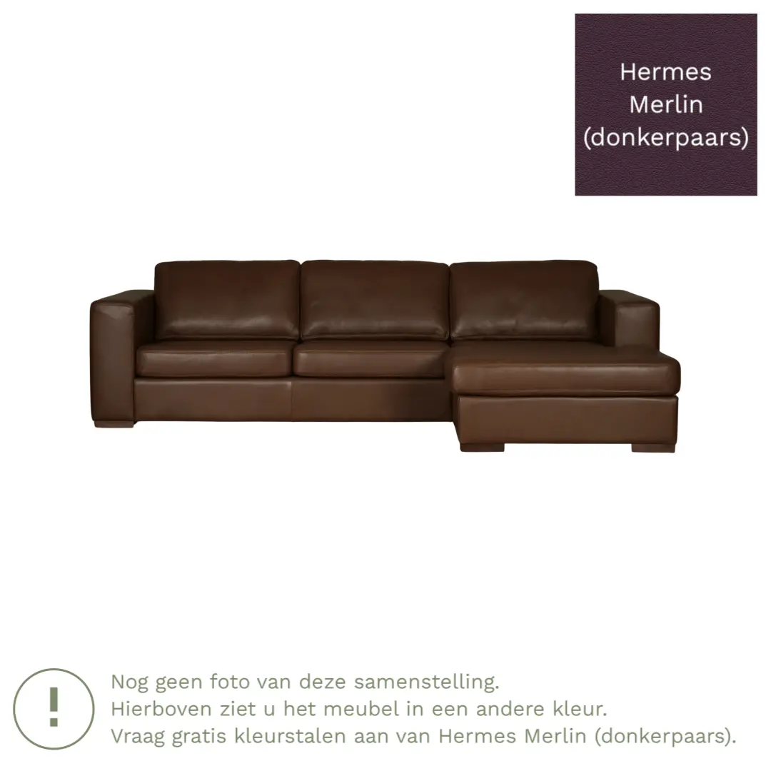 afbeelding van Leren hoekbank Flow - 2 zits arm links + longchair rechts - Hermes Merlin (donkerpaars) - Poten hout bruin