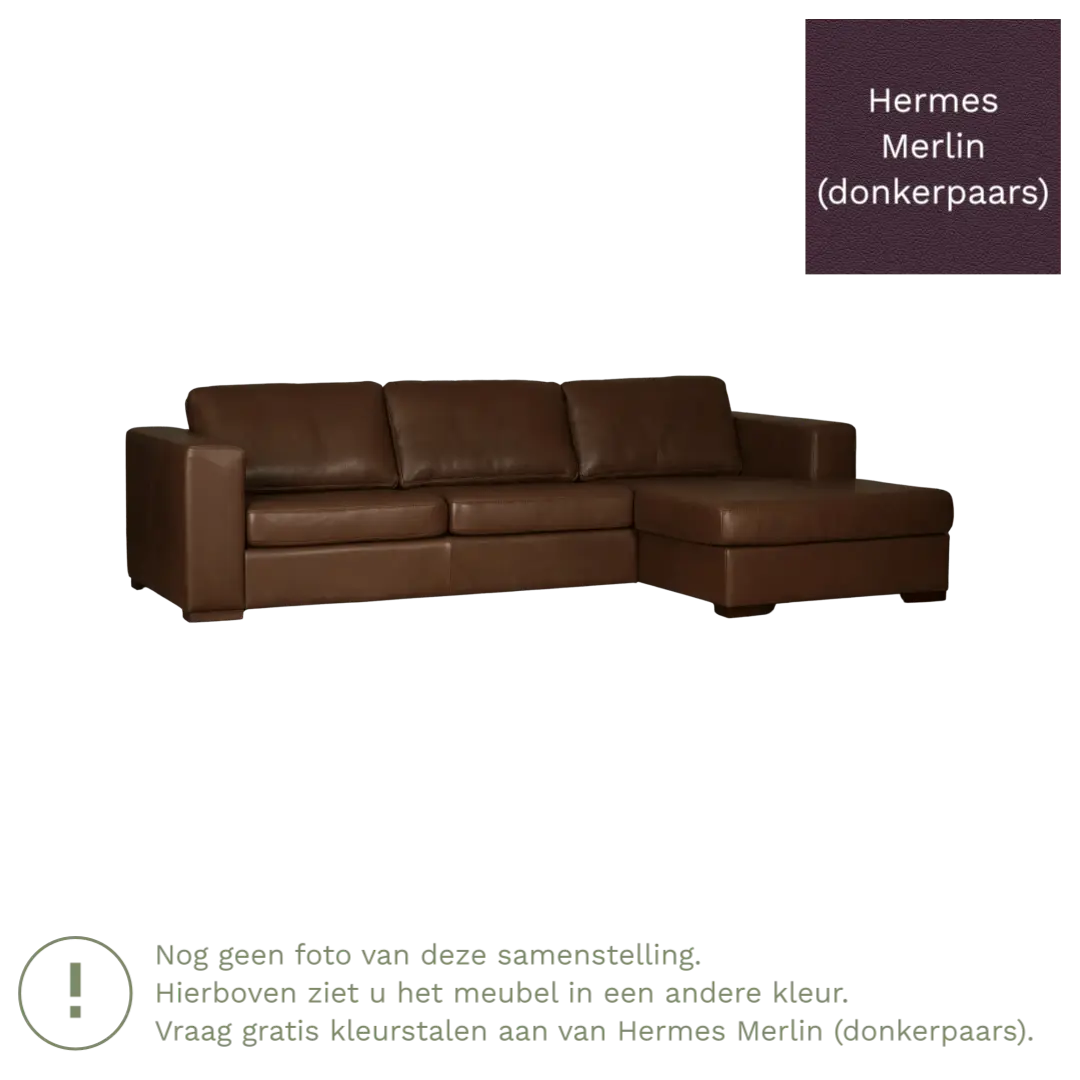 afbeelding van Leren hoekbank Flow - 2 zits arm links + longchair rechts - Hermes Merlin (donkerpaars) - Poten hout bruin