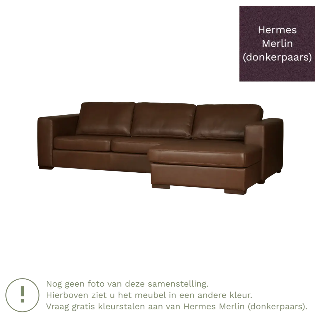 afbeelding van Leren hoekbank Flow - 2 zits arm links + longchair rechts - Hermes Merlin (donkerpaars) - Poten hout bruin