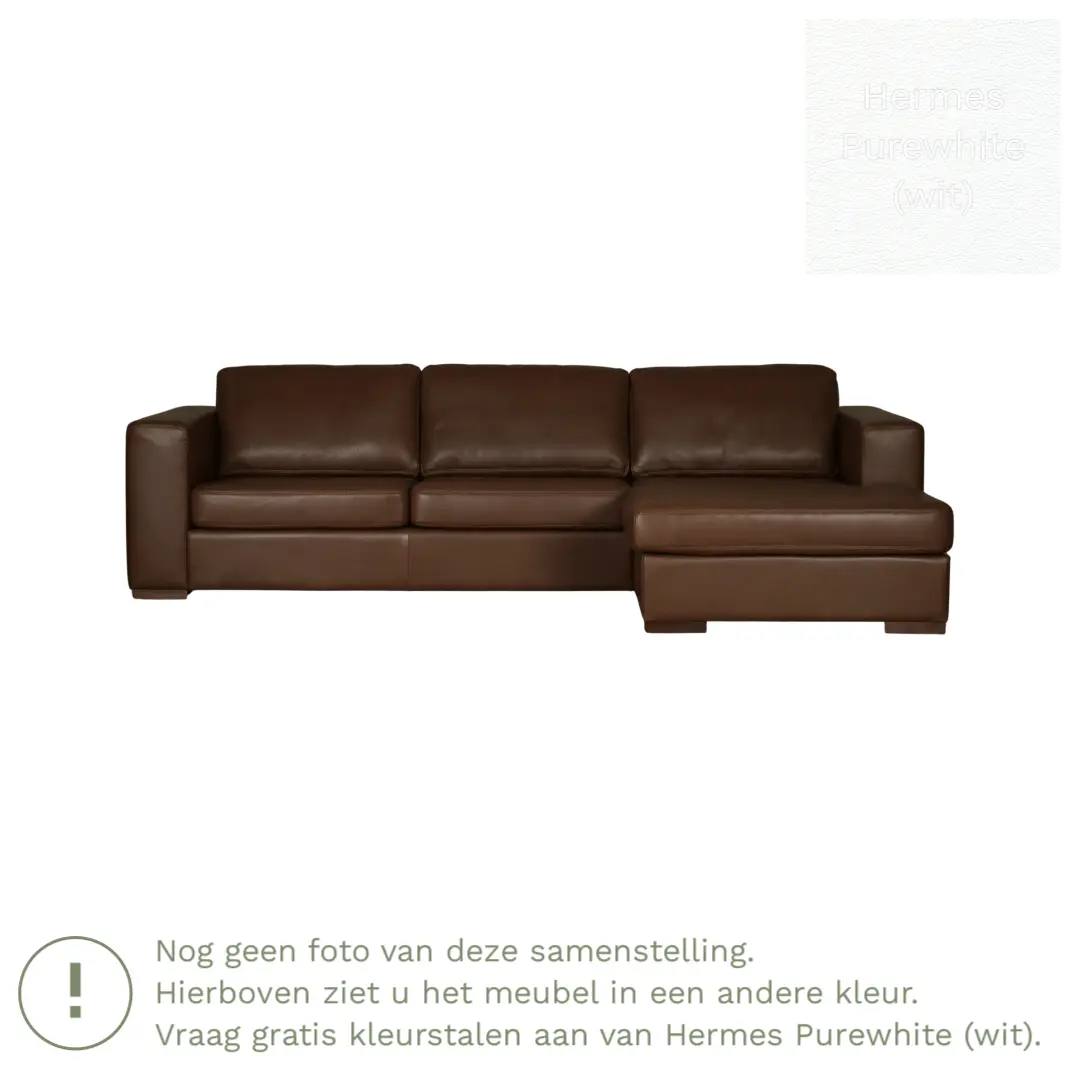 afbeelding van Leren hoekbank Flow - 2 zits arm links + longchair rechts - Hermes Purewhite (wit) - Poten hout bruin
