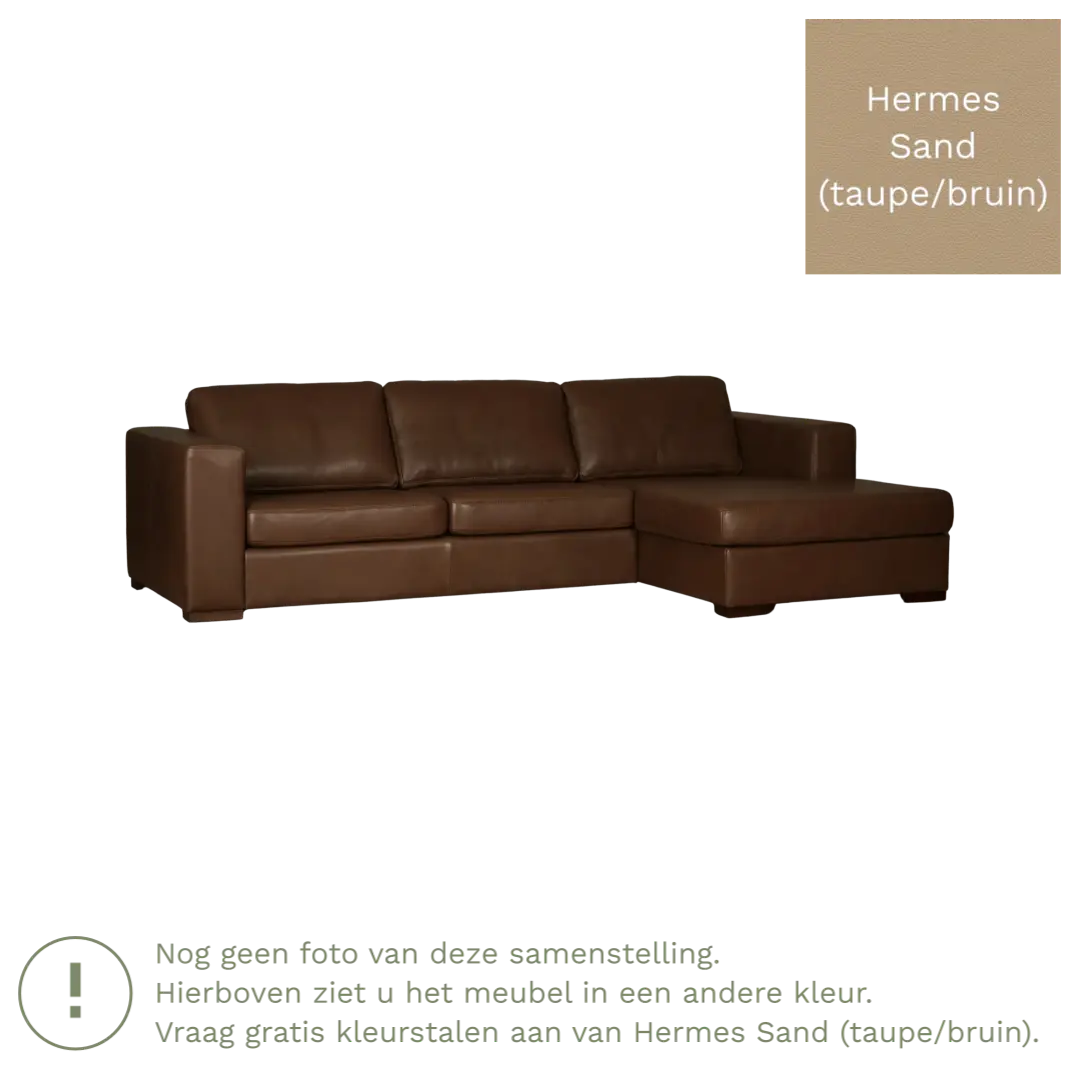 afbeelding van Leren hoekbank Flow - 2 zits arm links + longchair rechts - Hermes Sand (taupe/bruin) - Poten hout zwart