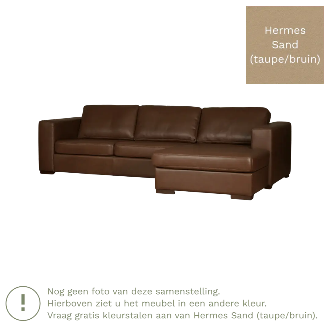 afbeelding van Leren hoekbank Flow - 2 zits arm links + longchair rechts - Hermes Sand (taupe/bruin) - Poten hout zwart