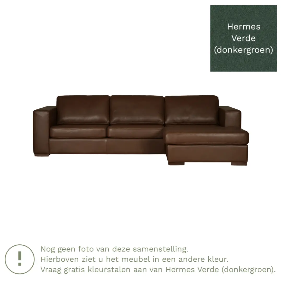 afbeelding van Leren hoekbank Flow - 2 zits arm links + longchair rechts - Hermes Verde (donkergroen) - Poten hout bruin