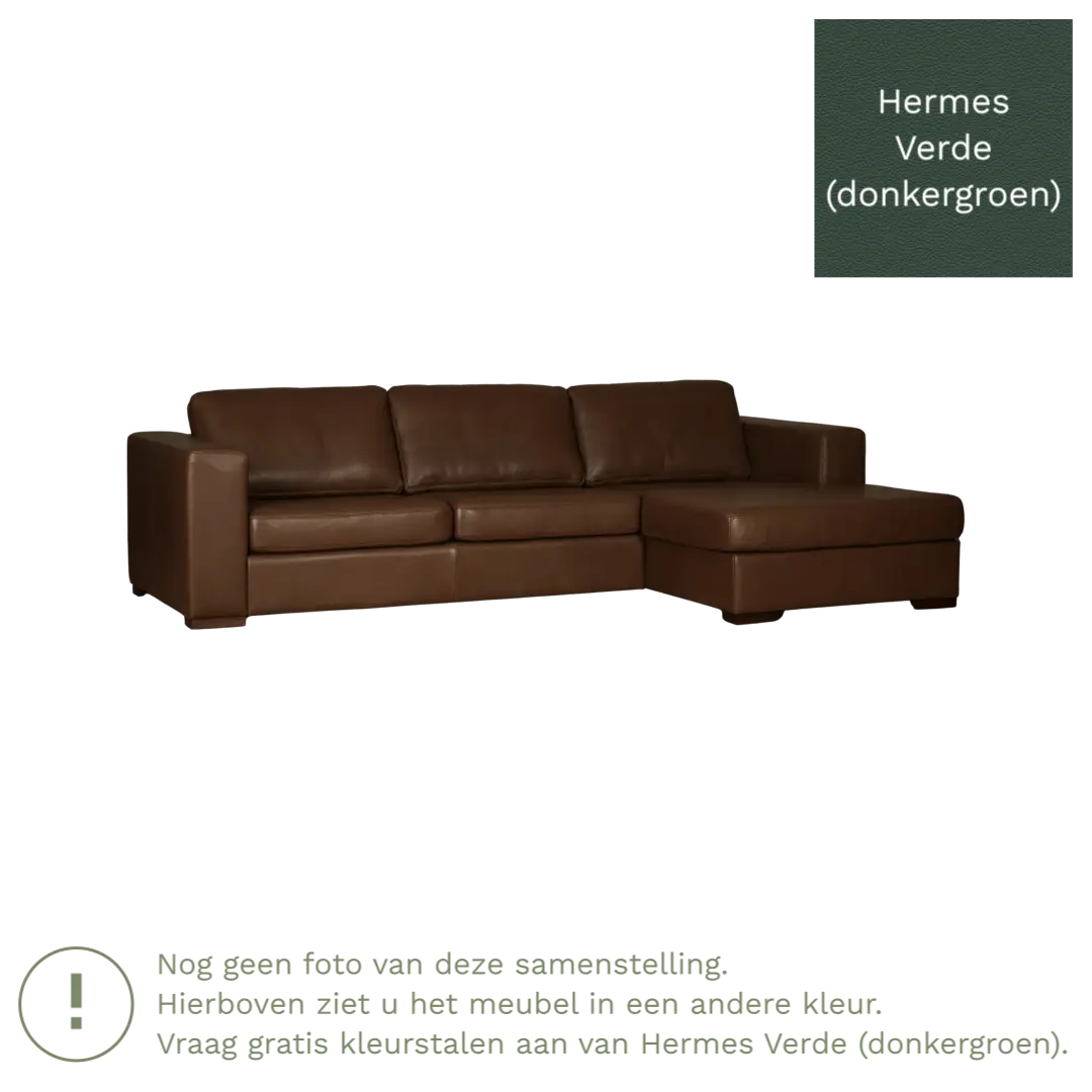 afbeelding van Leren hoekbank Flow - 2 zits arm links + longchair rechts - Hermes Verde (donkergroen) - Poten hout bruin