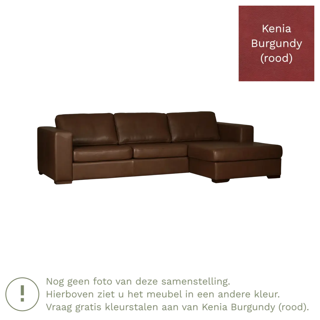 afbeelding van Leren hoekbank Flow - 2 zits arm links + longchair rechts - Kenia Burgundy (rood) - Poten hout bruin