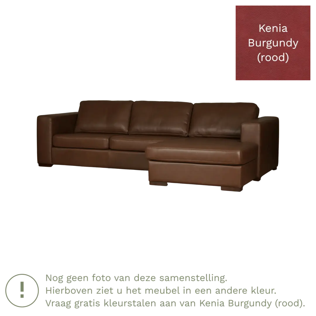afbeelding van Leren hoekbank Flow - 2 zits arm links + longchair rechts - Kenia Burgundy (rood) - Poten hout bruin