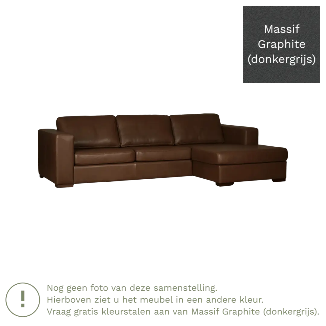 afbeelding van Leren hoekbank Flow - 2 zits arm links + longchair rechts - Massif Graphite (donkergrijs) - Poten hout bruin