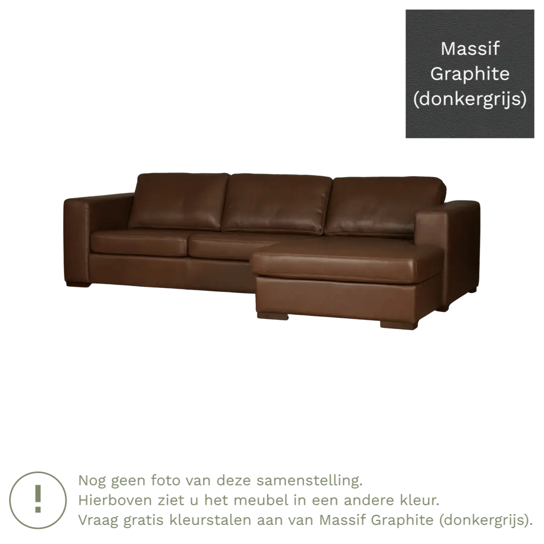 afbeelding van Leren hoekbank Flow - 2 zits arm links + longchair rechts - Massif Graphite (donkergrijs) - Poten hout bruin