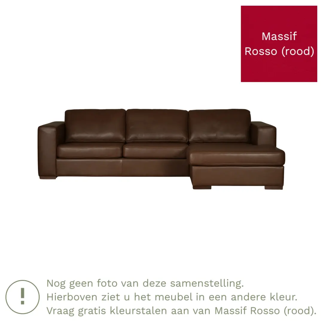 afbeelding van Leren hoekbank Flow - 2 zits arm links + longchair rechts - Massif Rosso (rood) - Poten hout bruin