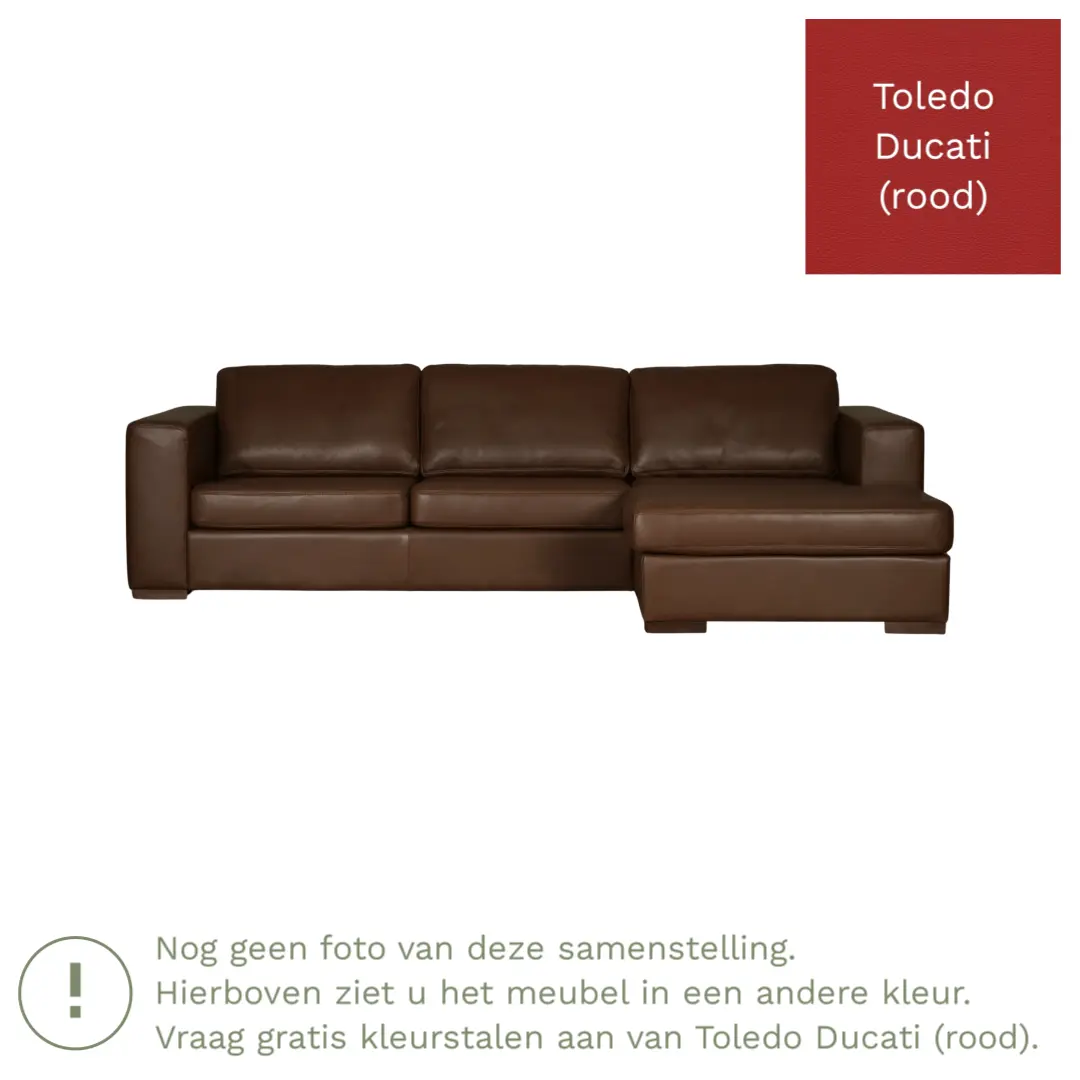 afbeelding van Leren hoekbank Flow - 2 zits arm links + longchair rechts - Toledo Ducati (rood) - Poten hout zwart
