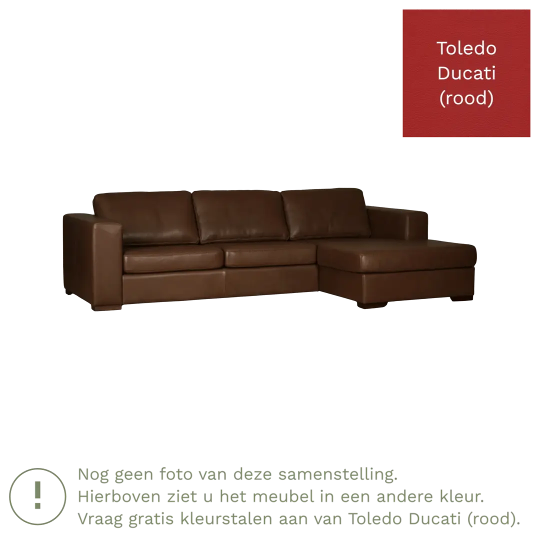 afbeelding van Leren hoekbank Flow - 2 zits arm links + longchair rechts - Toledo Ducati (rood) - Poten hout zwart