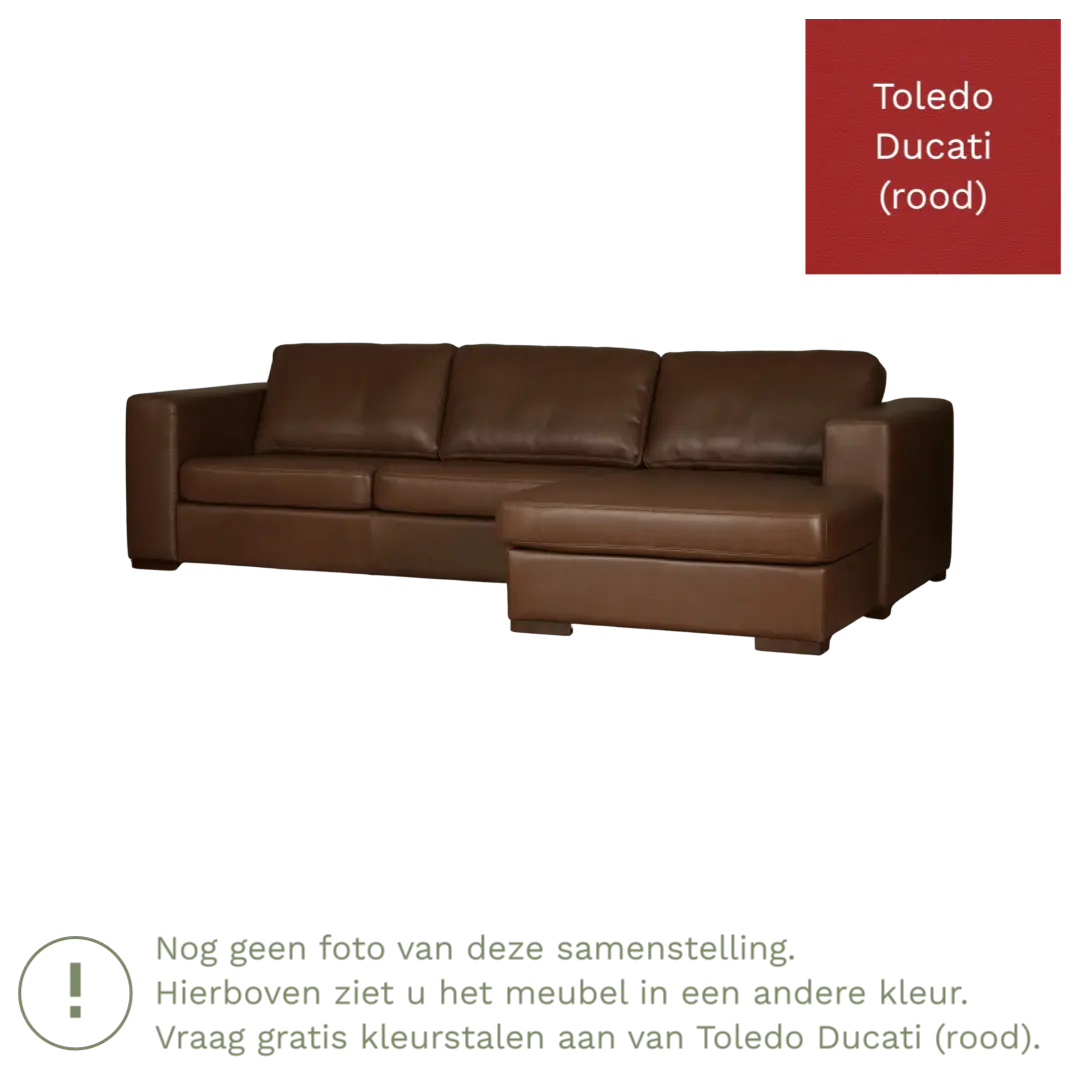 afbeelding van Leren hoekbank Flow - 2 zits arm links + longchair rechts - Toledo Ducati (rood) - Poten hout zwart