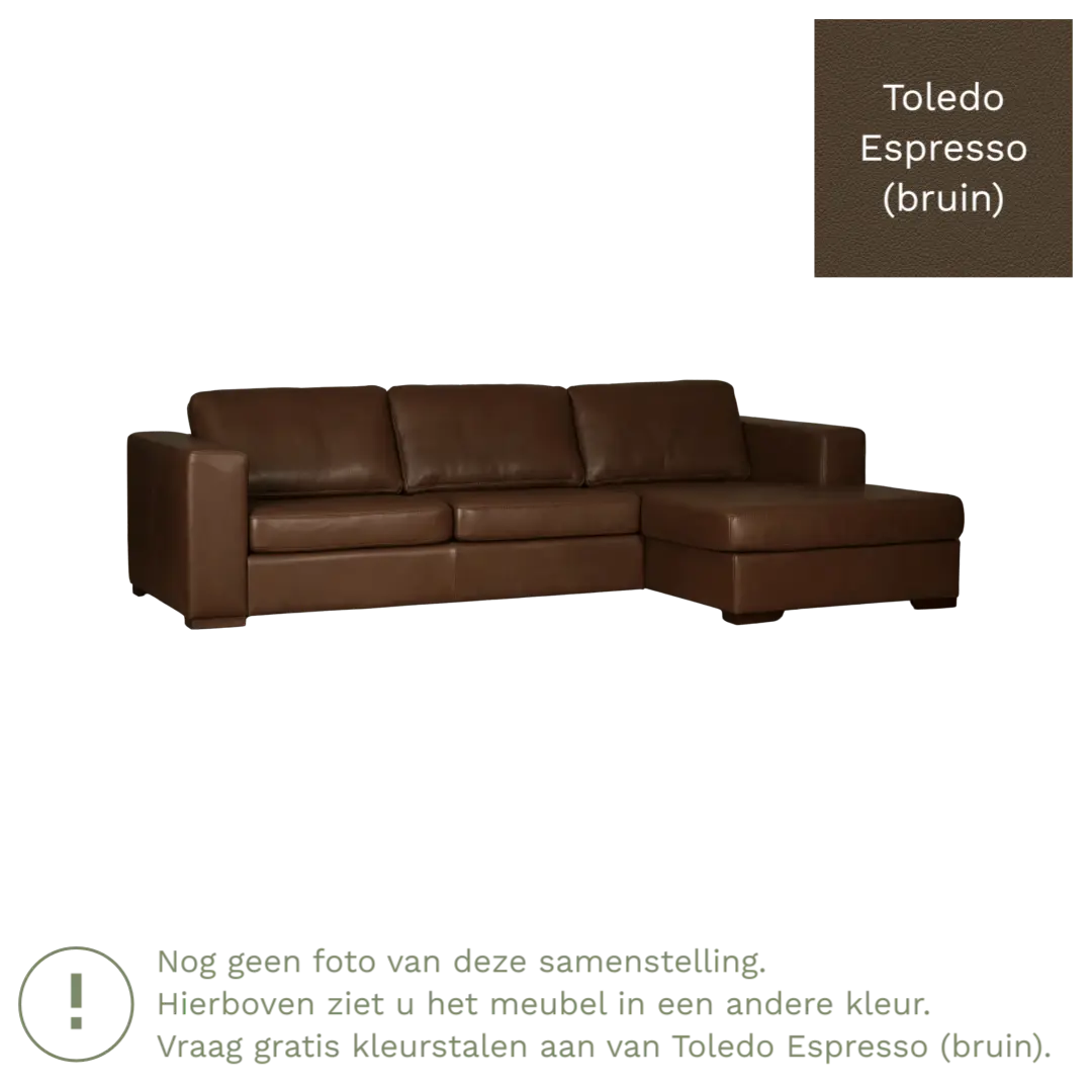afbeelding van Leren hoekbank Flow - 2 zits arm links + longchair rechts - Toledo Espresso (bruin) - Poten hout zwart