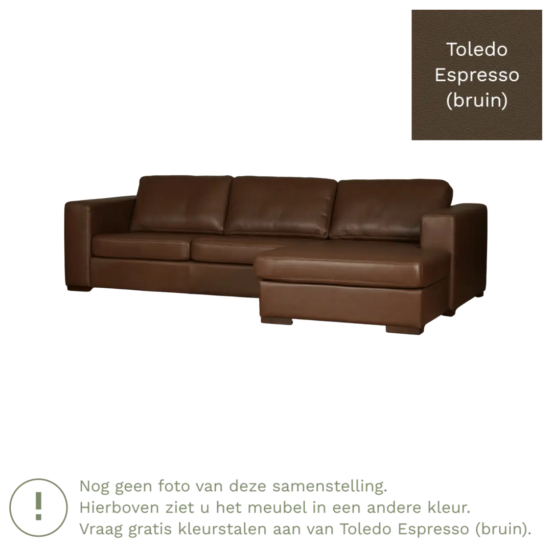 afbeelding van Leren hoekbank Flow - 2 zits arm links + longchair rechts - Toledo Espresso (bruin) - Poten hout zwart