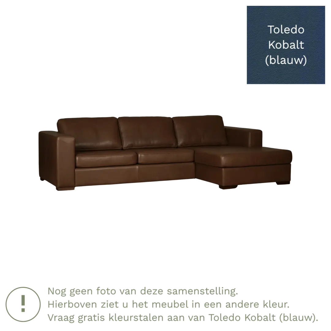 afbeelding van Leren hoekbank Flow - 2 zits arm links + longchair rechts - Toledo Kobalt (blauw) - Poten hout zwart