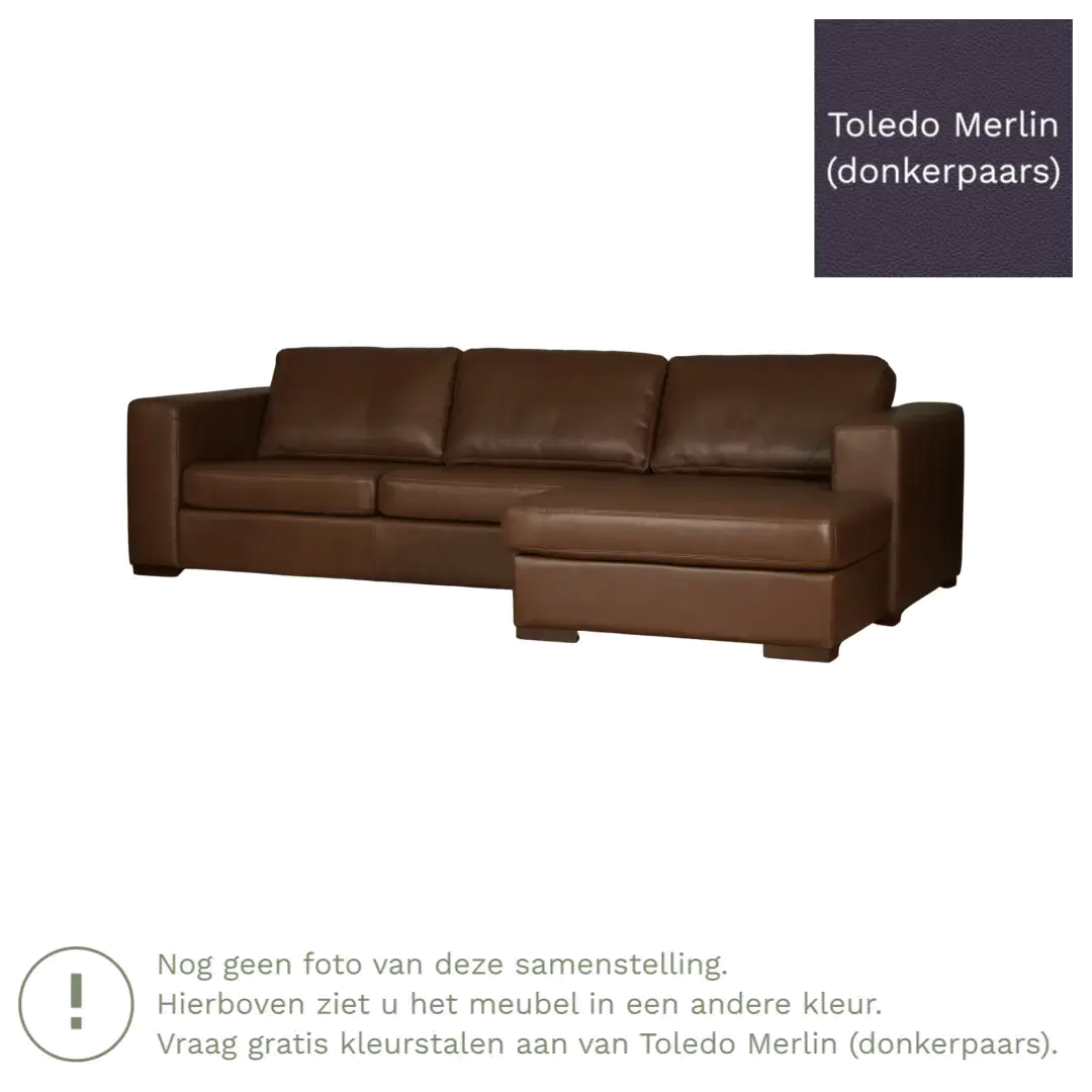 afbeelding van Leren hoekbank Flow - 2 zits arm links + longchair rechts - Toledo Merlin (donkerpaars) - Poten hout bruin