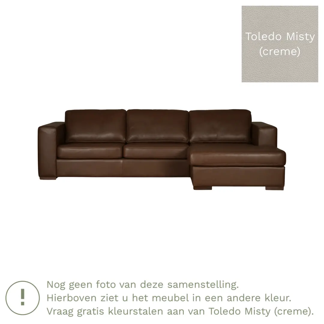 afbeelding van Leren hoekbank Flow - 2 zits arm links + longchair rechts - Toledo Misty (crème) - Poten hout zwart