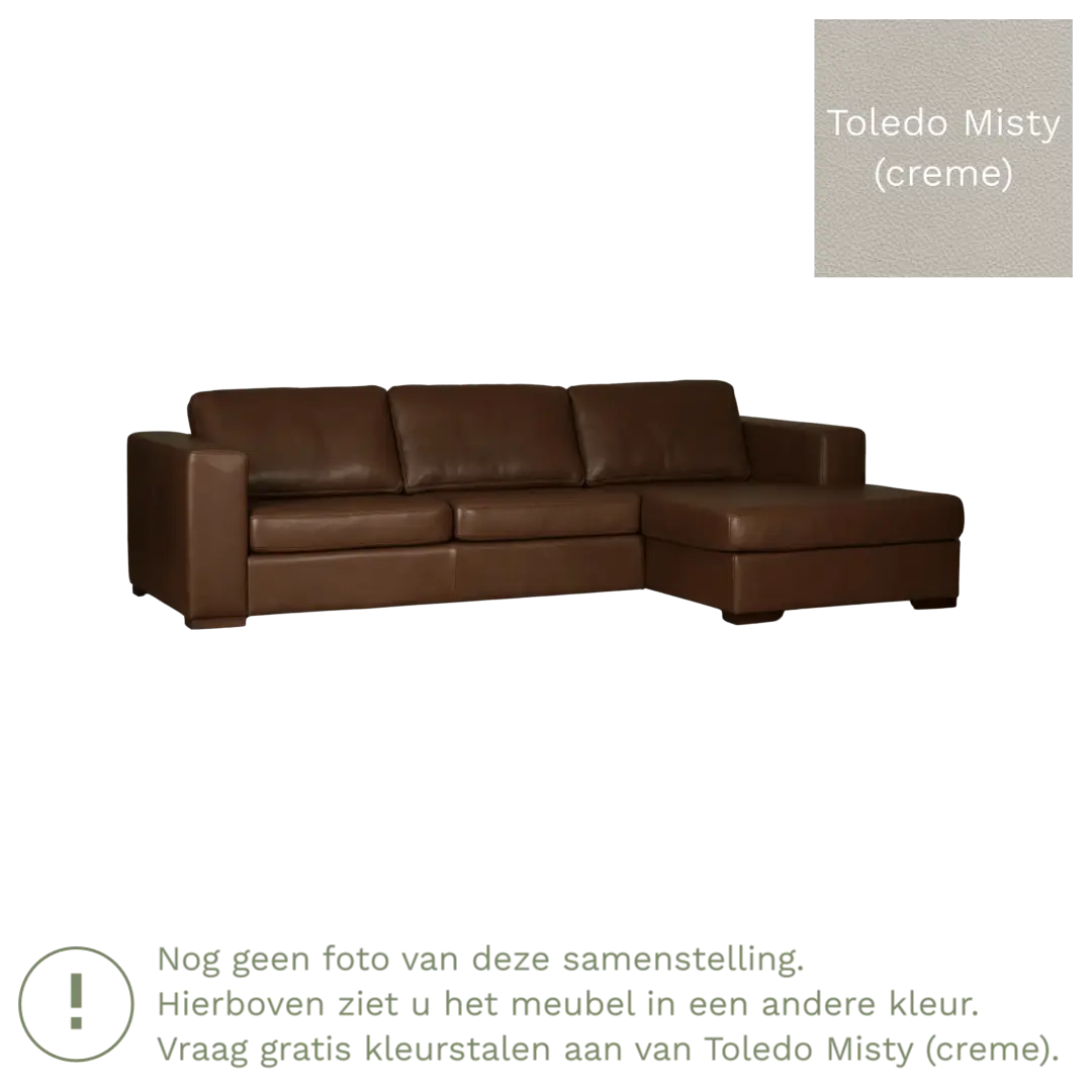 afbeelding van Leren hoekbank Flow - 2 zits arm links + longchair rechts - Toledo Misty (crème) - Poten hout zwart