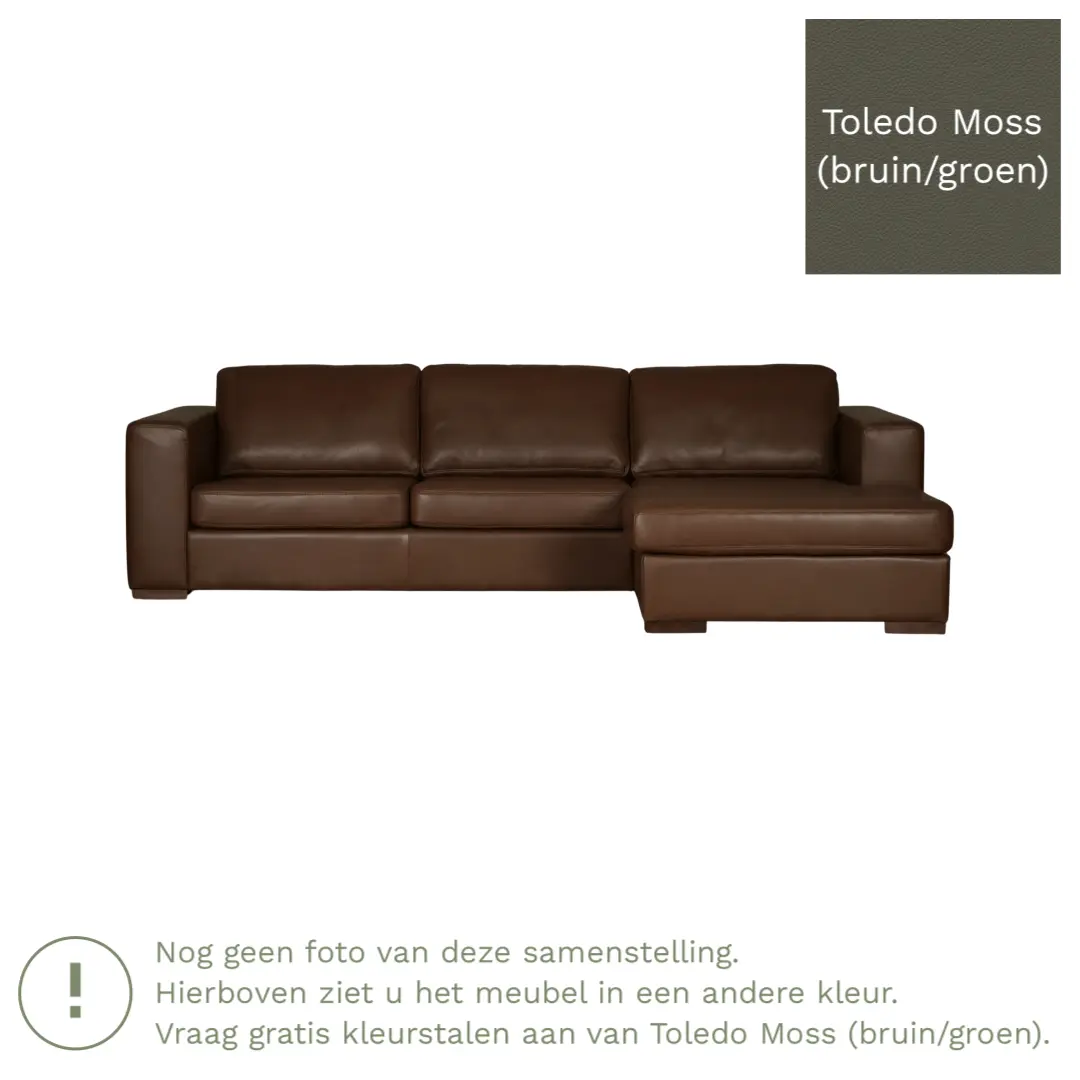 afbeelding van Leren hoekbank Flow - 2 zits arm links + longchair rechts - Toledo Moss (bruin/groen) - Poten hout zwart