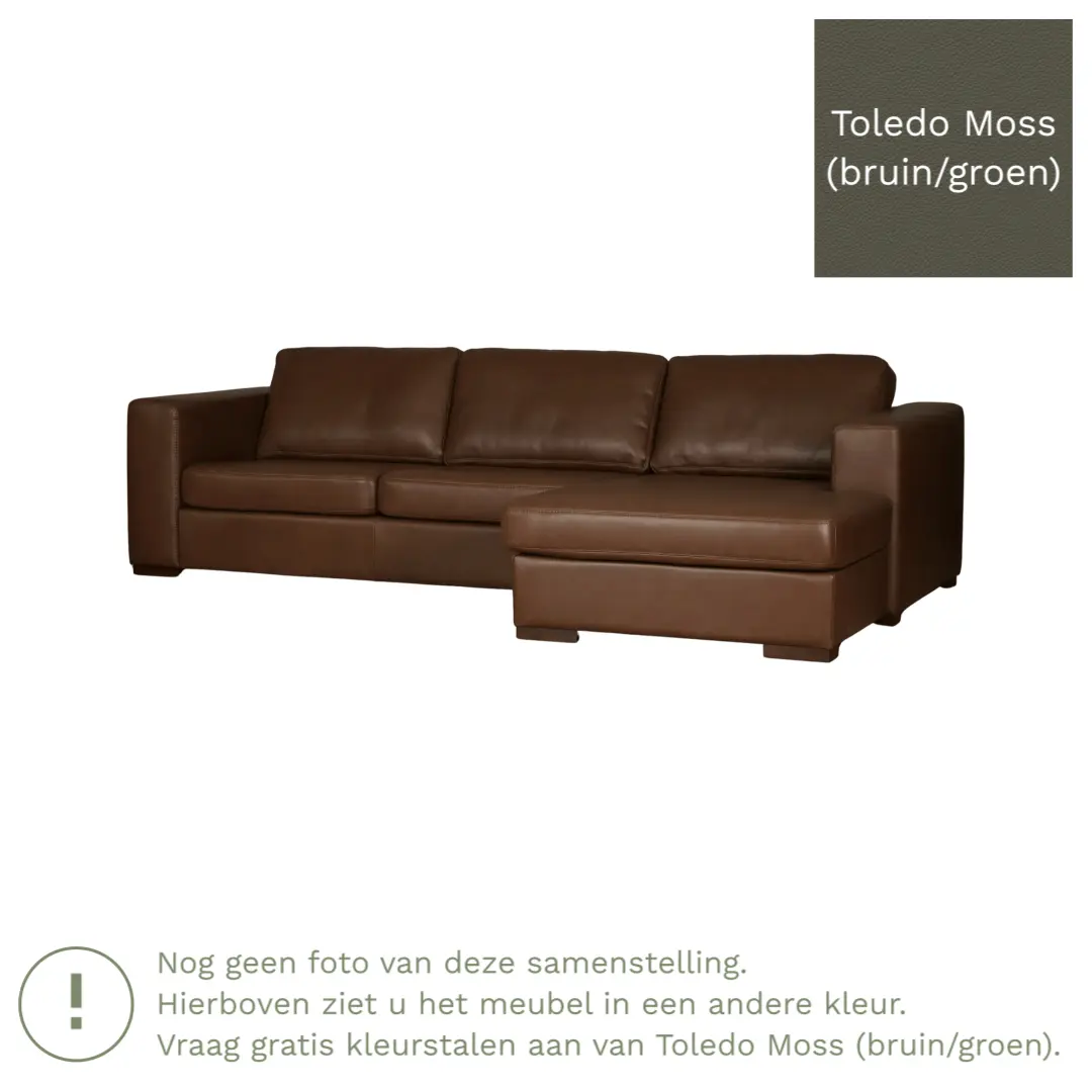 afbeelding van Leren hoekbank Flow - 2 zits arm links + longchair rechts - Toledo Moss (bruin/groen) - Poten hout zwart