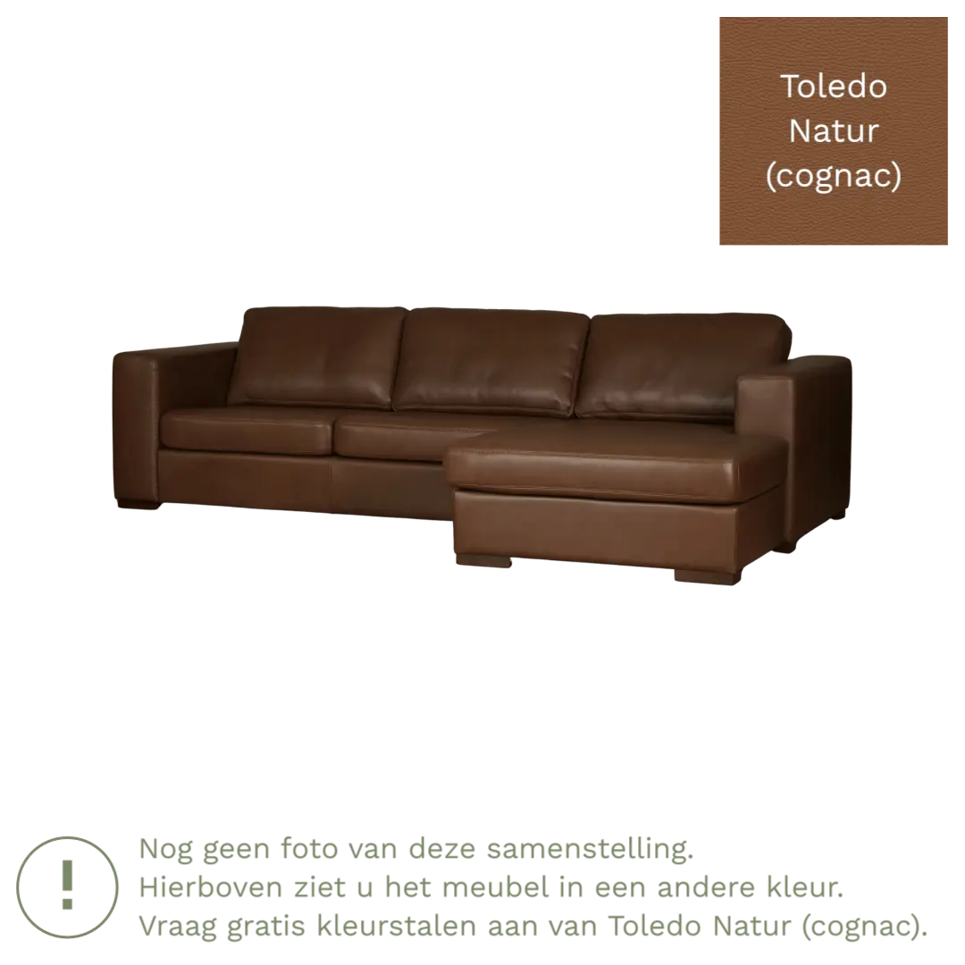 afbeelding van Leren hoekbank Flow - 2 zits arm links + longchair rechts - Toledo Natur (cognac) - Poten hout bruin
