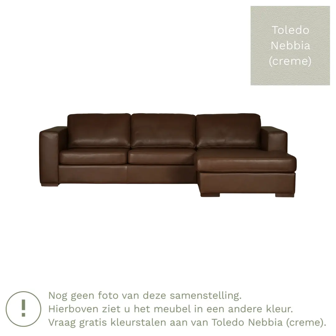 afbeelding van Leren hoekbank Flow - 2 zits arm links + longchair rechts - Toledo Nebbia (crème) - Poten hout zwart
