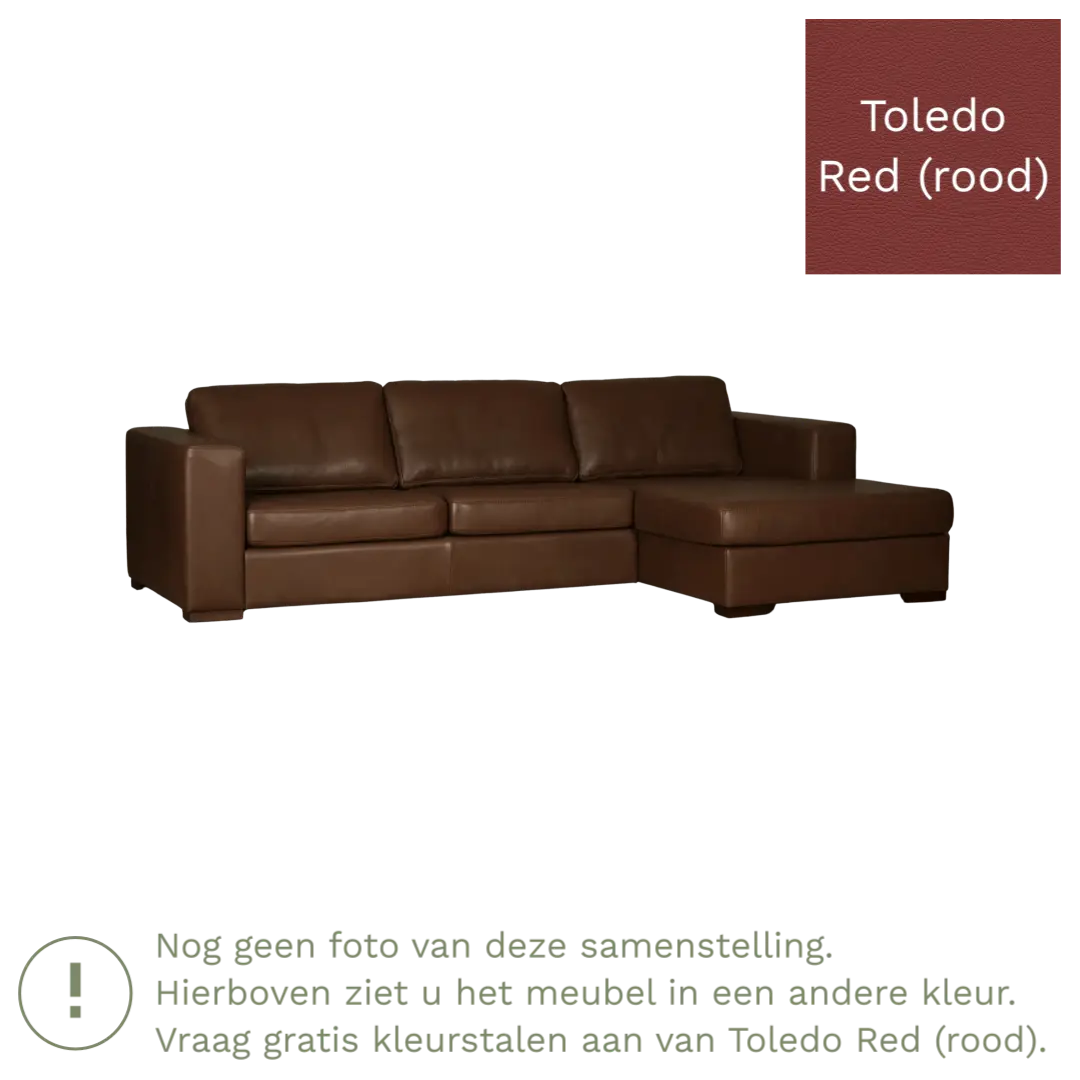 afbeelding van Leren hoekbank Flow - 2 zits arm links + longchair rechts - Toledo Red (rood) - Poten hout zwart
