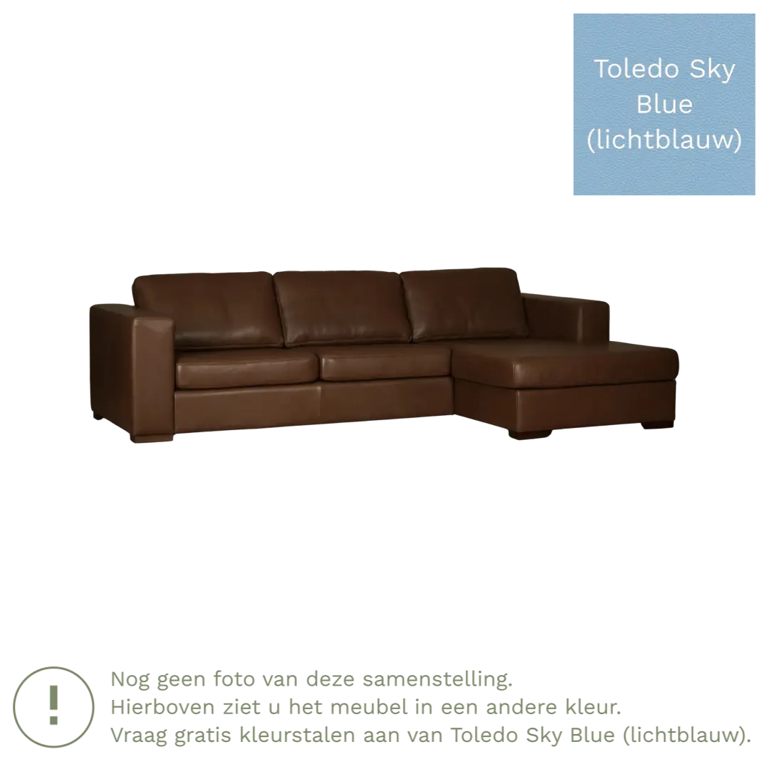 afbeelding van Leren hoekbank Flow - 2 zits arm links + longchair rechts - Toledo Sky Blue (lichtblauw) - Poten hout zwart