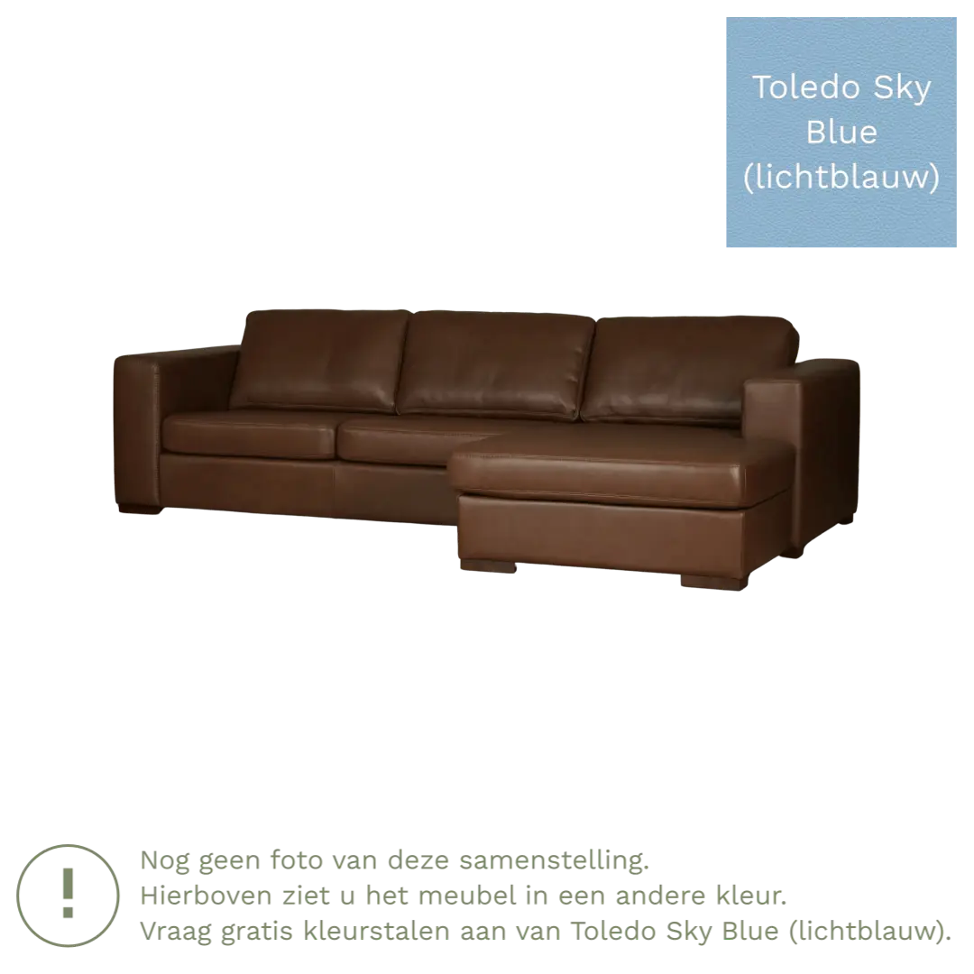 afbeelding van Leren hoekbank Flow - 2 zits arm links + longchair rechts - Toledo Sky Blue (lichtblauw) - Poten hout zwart