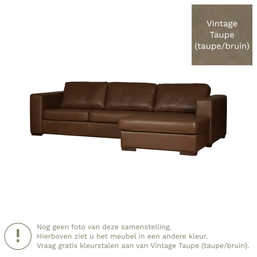 afbeelding van Leren hoekbank Flow - 2 zits arm links + longchair rechts - Vintage Taupe (taupe/bruin) - Poten hout zwart