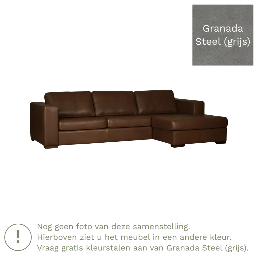 afbeelding van Leren hoekbank Flow - 2 zits arm rechts + longchair links - Granada Steel (grijs) - Poten hout zwart