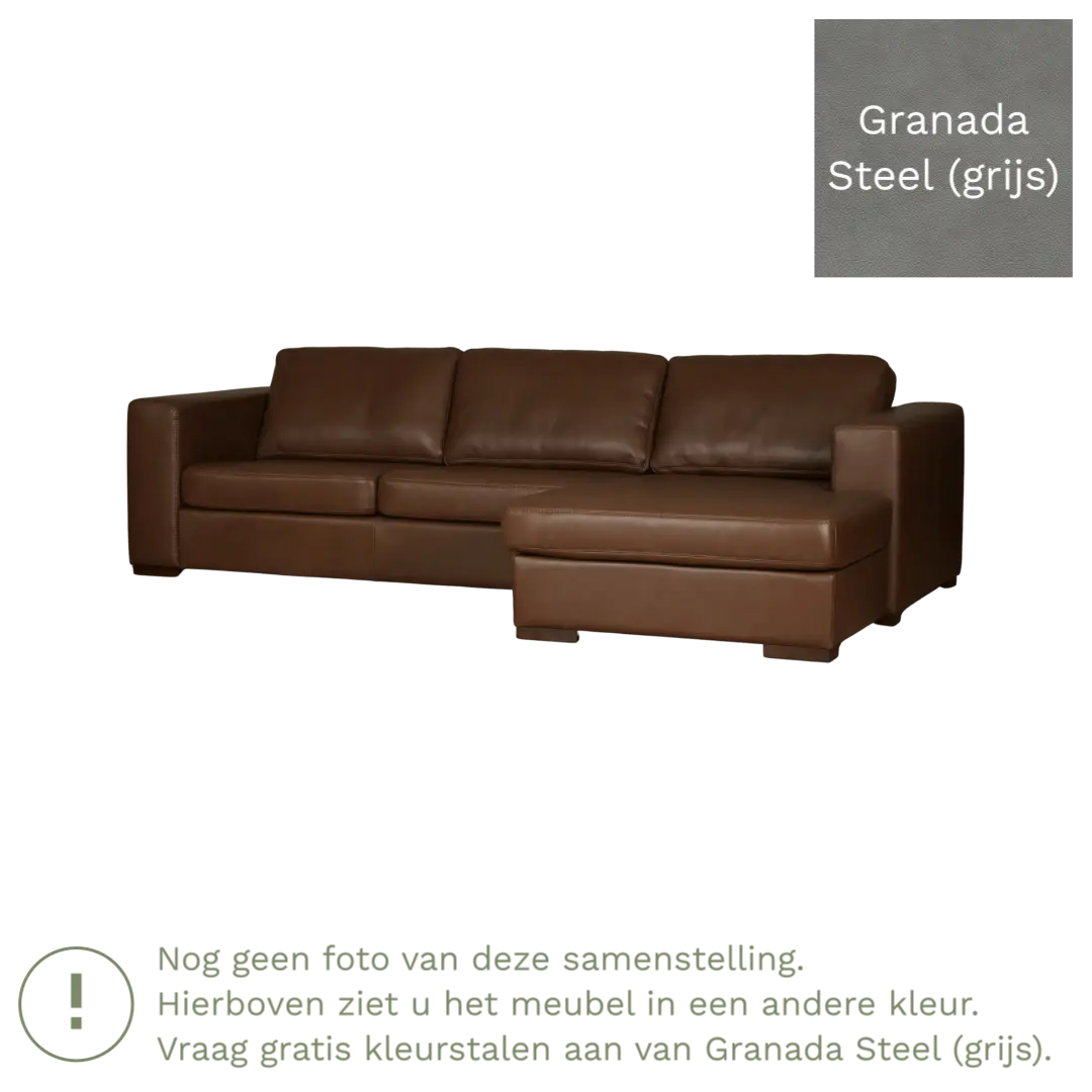 afbeelding van Leren hoekbank Flow - 2 zits arm rechts + longchair links - Granada Steel (grijs) - Poten hout zwart