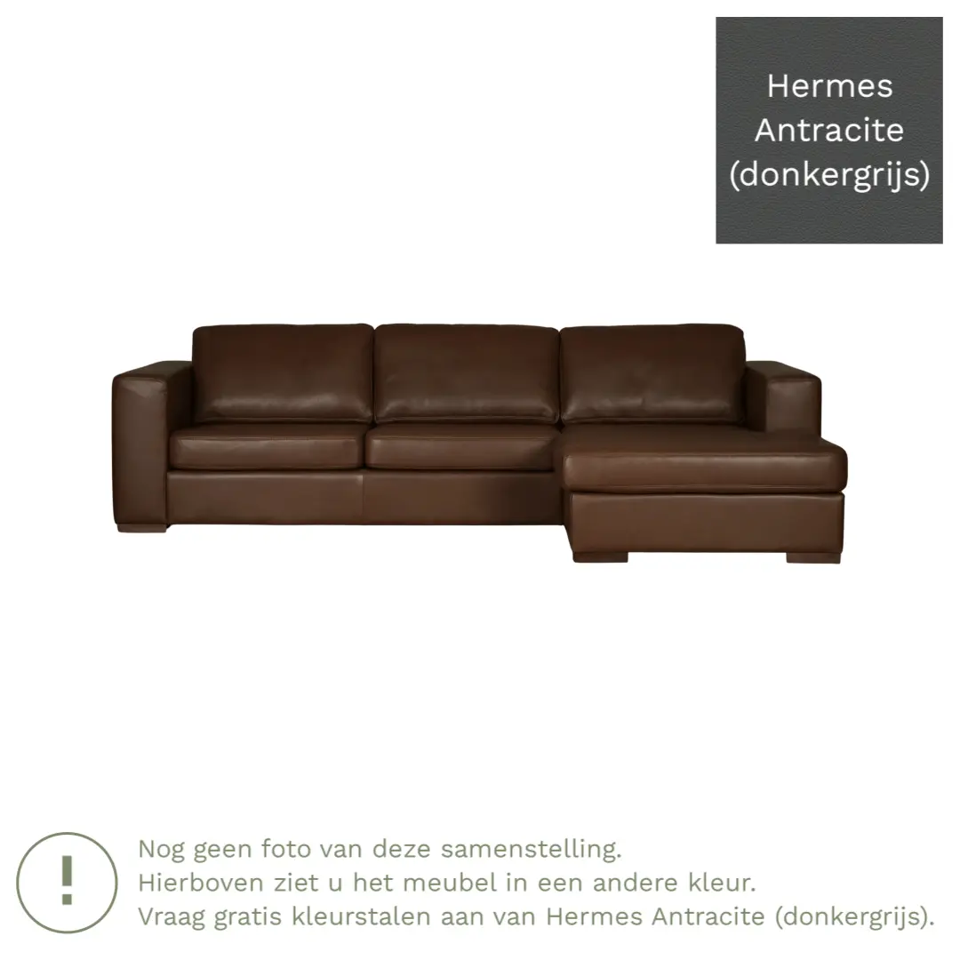 afbeelding van Leren hoekbank Flow - 2 zits arm rechts + longchair links - Hermes Antracite (donkergrijs) - Poten hout bruin