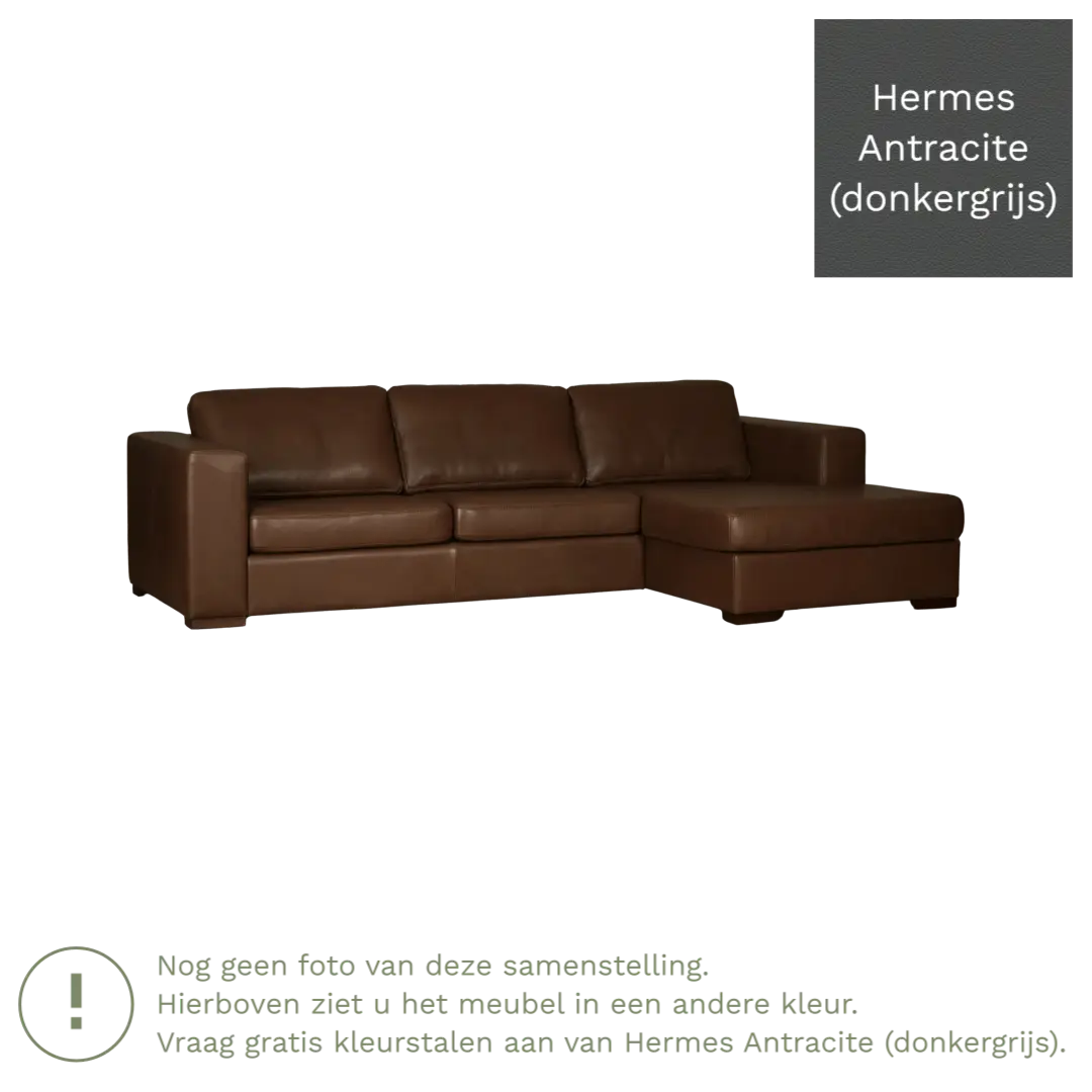 afbeelding van Leren hoekbank Flow - 2 zits arm rechts + longchair links - Hermes Antracite (donkergrijs) - Poten hout bruin