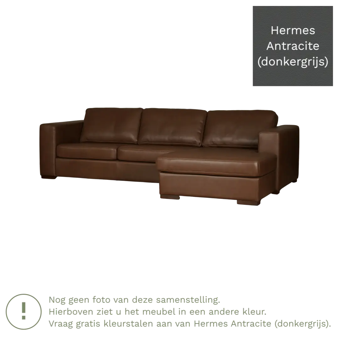 afbeelding van Leren hoekbank Flow - 2 zits arm rechts + longchair links - Hermes Antracite (donkergrijs) - Poten hout bruin