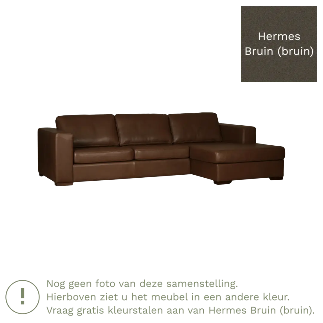afbeelding van Leren hoekbank Flow - 2 zits arm rechts + longchair links - Hermes Bruin (bruin) - Poten hout bruin