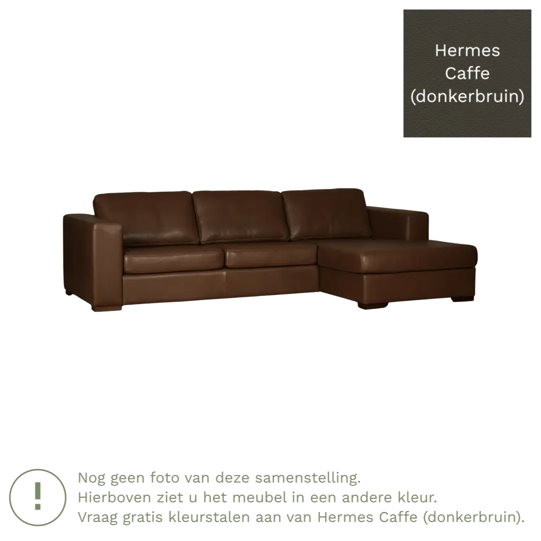 afbeelding van Leren hoekbank Flow - 2 zits arm rechts + longchair links - Hermes Caffe (donkerbruin) - Poten hout bruin