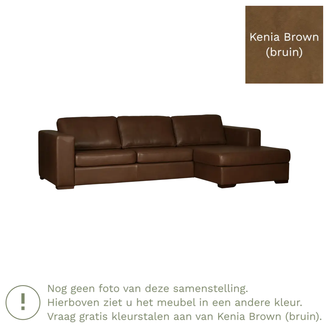 afbeelding van Leren hoekbank Flow - 2 zits arm rechts + longchair links - Kenia Brown (bruin) - Poten hout bruin