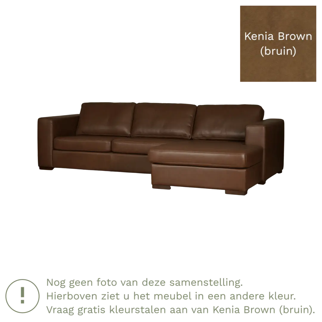 afbeelding van Leren hoekbank Flow - 2 zits arm rechts + longchair links - Kenia Brown (bruin) - Poten hout bruin