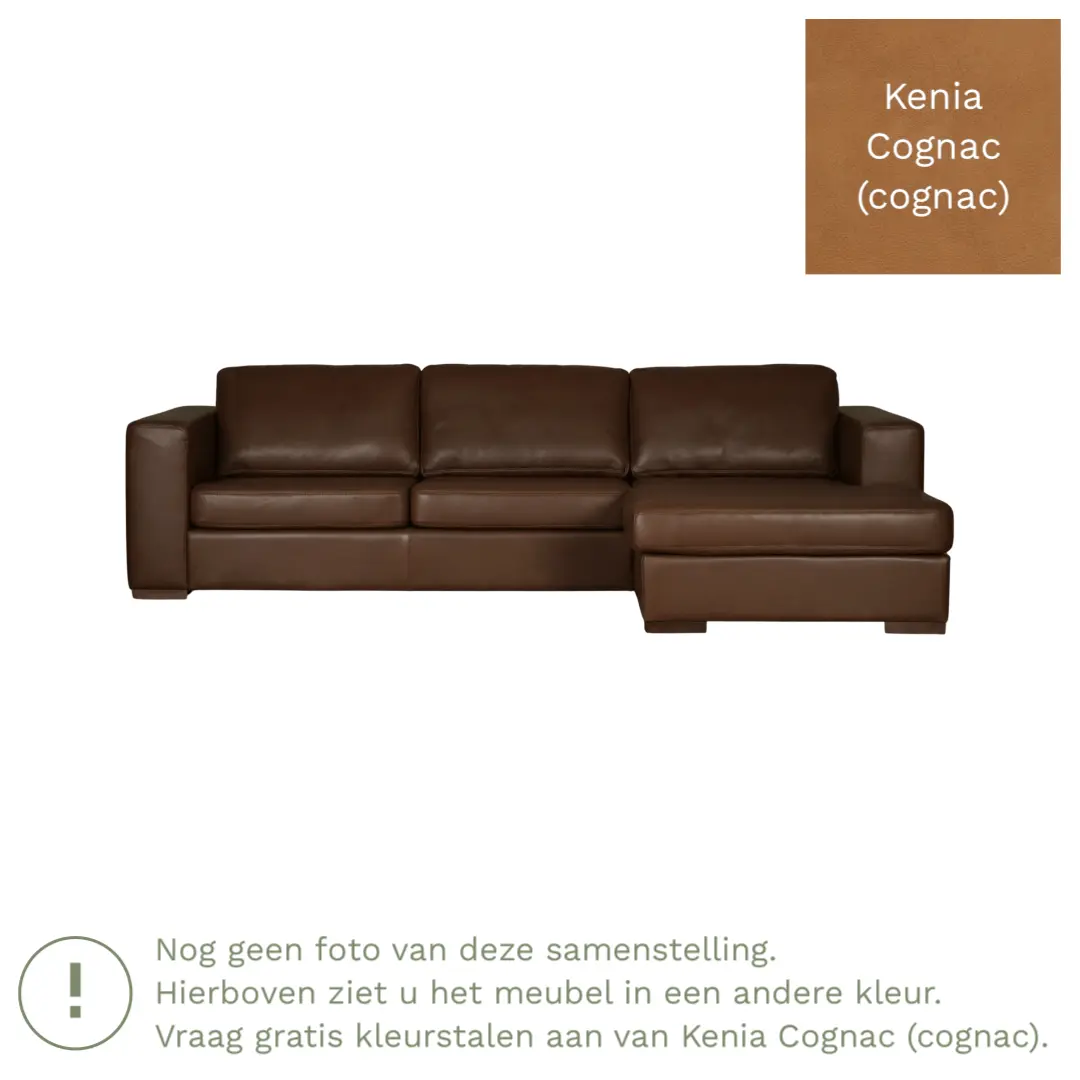 afbeelding van Leren hoekbank Flow - 2 zits arm rechts + longchair links - Kenia Cognac (cognac) - Poten hout bruin