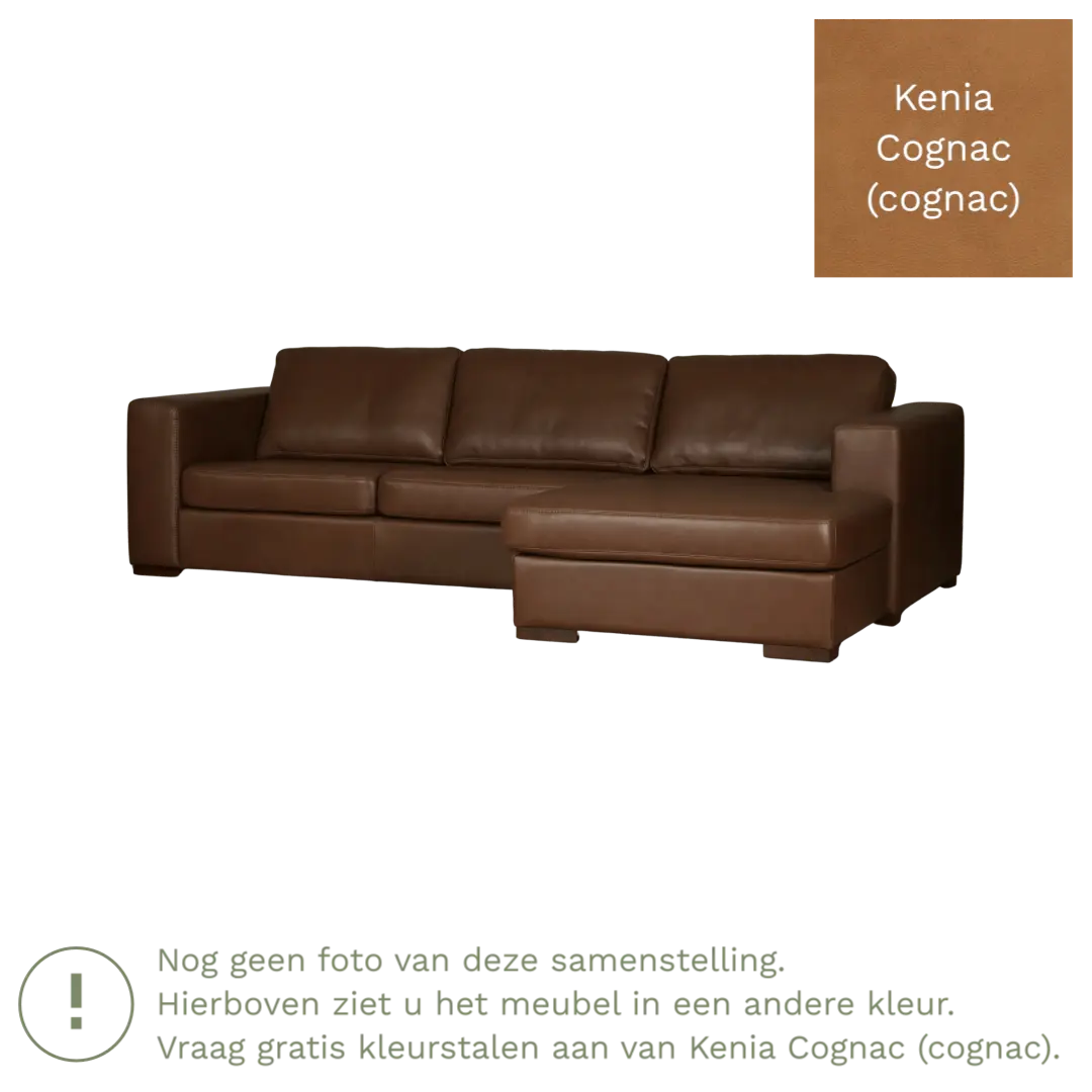 afbeelding van Leren hoekbank Flow - 2 zits arm rechts + longchair links - Kenia Cognac (cognac) - Poten hout bruin