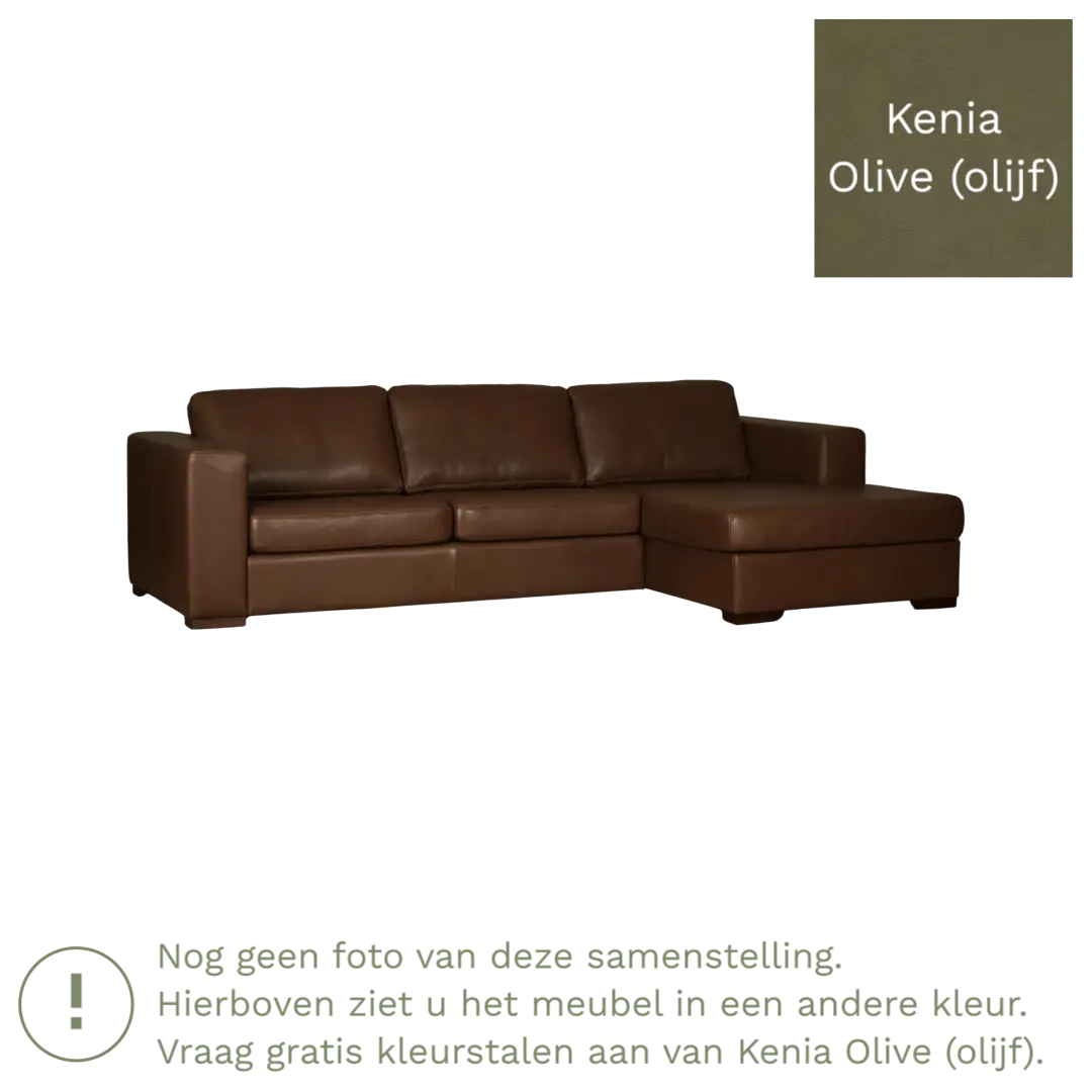 afbeelding van Leren hoekbank Flow - 2 zits arm rechts + longchair links - Kenia Olive (olijf) - Poten hout zwart