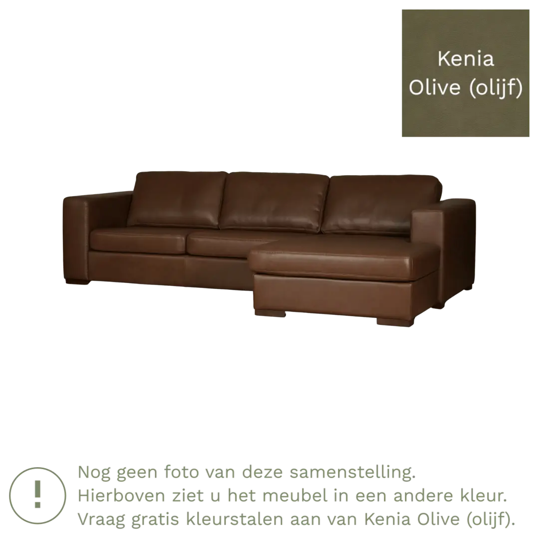 afbeelding van Leren hoekbank Flow - 2 zits arm rechts + longchair links - Kenia Olive (olijf) - Poten hout zwart