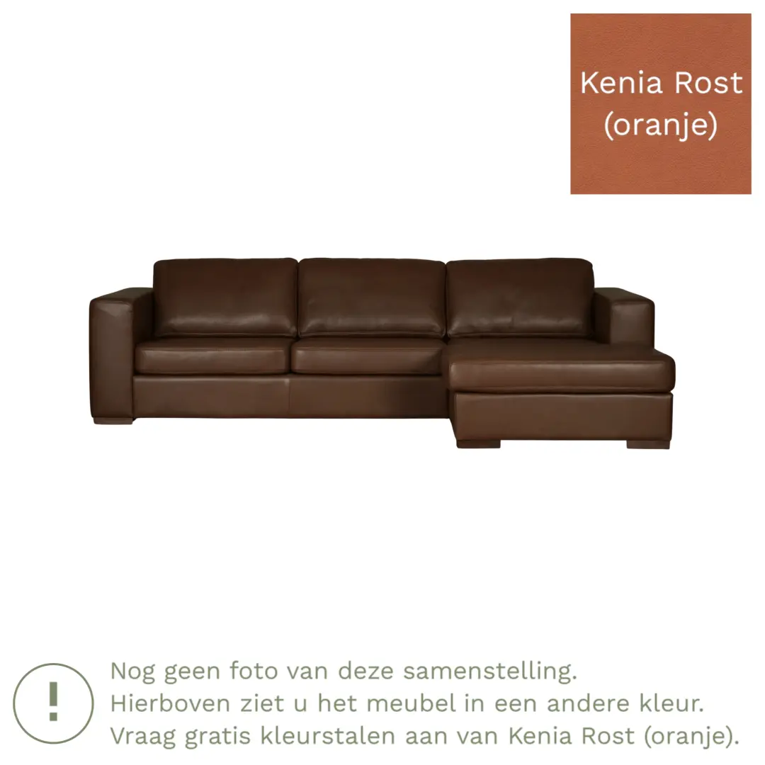 afbeelding van Leren hoekbank Flow - 2 zits arm rechts + longchair links - Kenia Rost (oranje) - Poten hout bruin