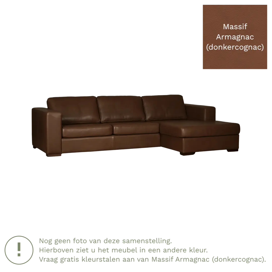 afbeelding van Leren hoekbank Flow - 2 zits arm rechts + longchair links - Massif Armagnac (donkercognac) - Poten hout bruin