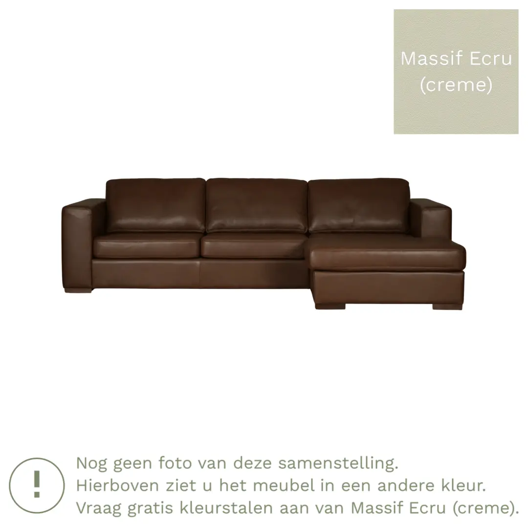 afbeelding van Leren hoekbank Flow - 2 zits arm rechts + longchair links - Massif Ecru (crème) - Poten hout zwart