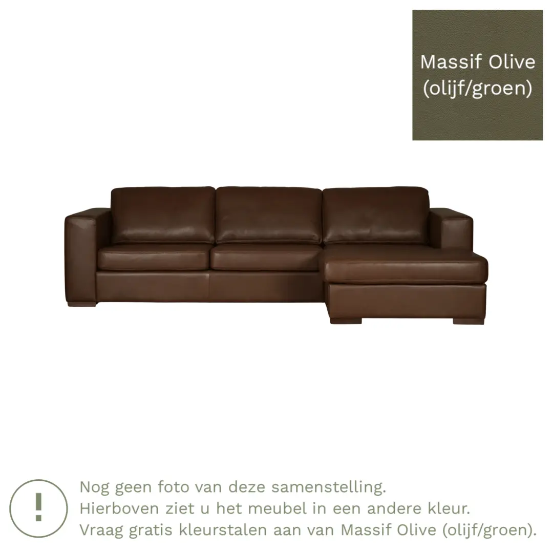 afbeelding van Leren hoekbank Flow - 2 zits arm rechts + longchair links - Massif Olive (olijf/groen) - Poten hout zwart