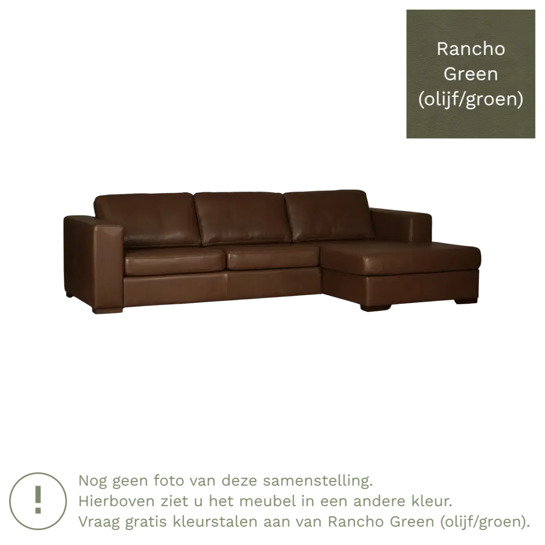 afbeelding van Leren hoekbank Flow - 2 zits arm rechts + longchair links - Rancho Green (olijf/groen) - Poten hout bruin