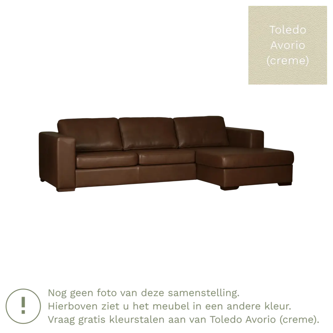 afbeelding van Leren hoekbank Flow - 2 zits arm rechts + longchair links - Toledo Avorio (crème) - Poten hout zwart