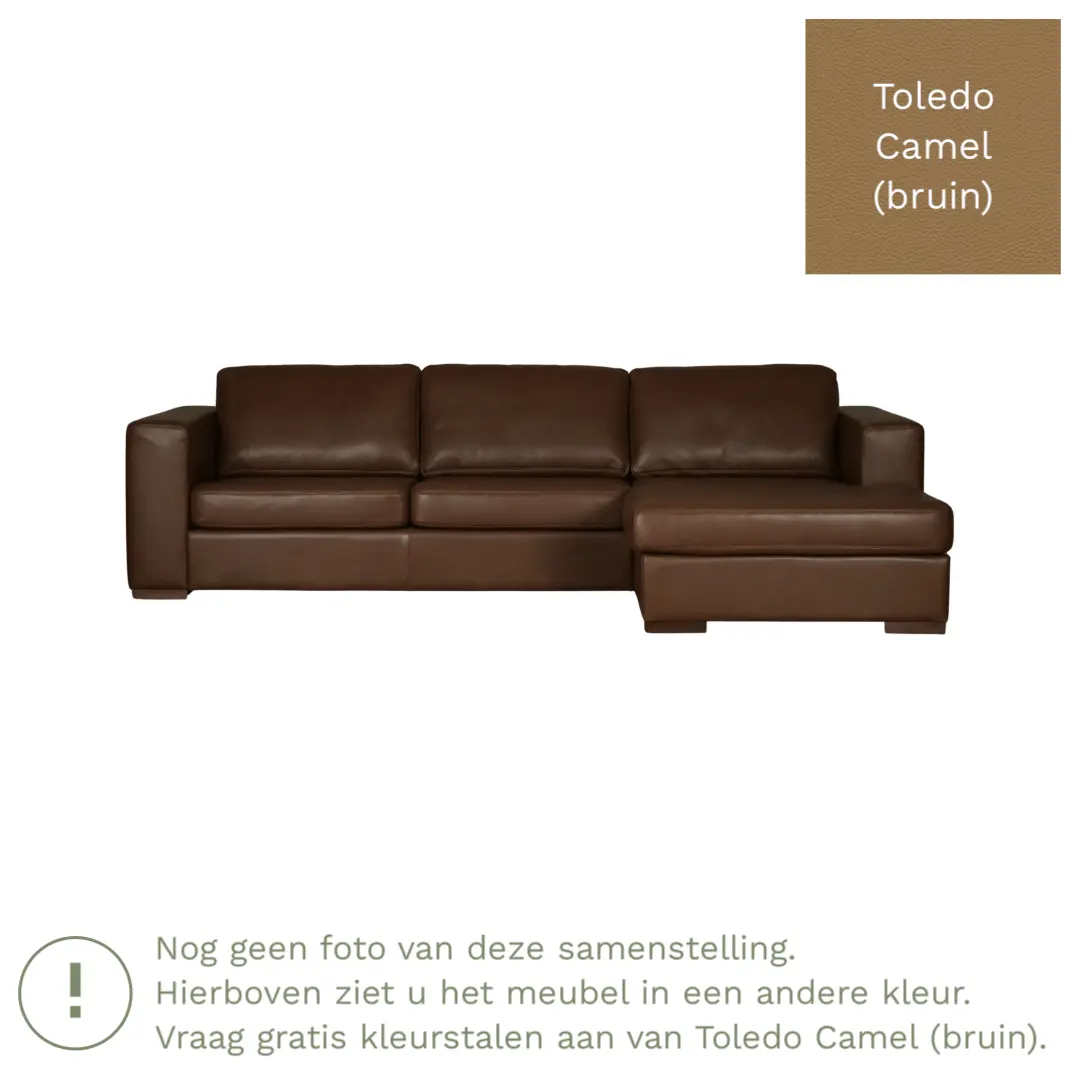 afbeelding van Leren hoekbank Flow - 2 zits arm rechts + longchair links - Toledo Camel (bruin) - Poten hout bruin